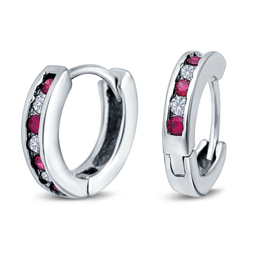 Eternity Huggie Hoop Earrings Channel Round Simulated Ruby Cubic Zirconia 925 Sterling Silver